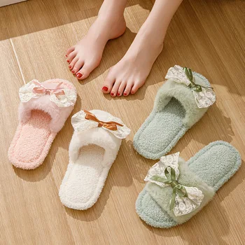 Womens Fuzzy Memory Foam Slippers Cross Plush Home Slippers Fluffy Furry Open Toe House Shoes Indoor Outdoor Slide Slipper