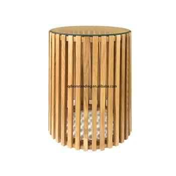 Wholesale Popular Smart Solid Oak Wood Round Slatted Ribbed Glass Coffee Table