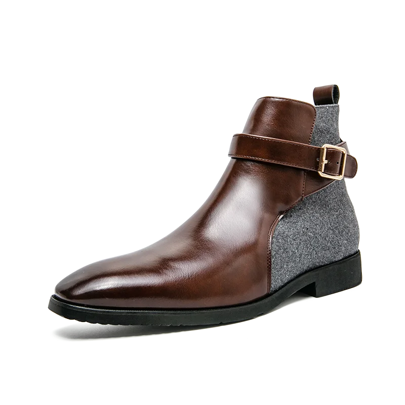 Men's Dress Boots with Brown & Black Buckle Strap Pointed Toe & Anti-Slippery Feature Big Size 39-48 Men's Dress Boots with Brown & Black Buckle Strap Pointed Toe & Anti-Slippery Feature Big Size 39-48