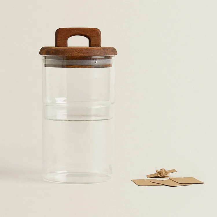 Creative New Design Transparent Round 2 Tier Stackable Glass Container Canister Food Storage Cookie Jar With Wooden Lids