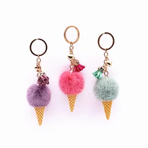 Cute Soft Leather Fur Ball Fluffy Pom Pom Pendant Keychain Ball Ice Cream Cone for Adding Fun Touch Purse Plush Key Chains