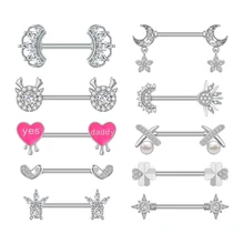 Set 5 14G Stainless Steel Heart Moon Flower Nipple Rings 316L CZ Nipple Barbell Zircon for Women Cute Body Piercing Engagement