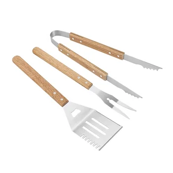 Factory Wholesale In Stock Low MOQ And Ready to Ship Extra Long 3 Piece Bbq Grill Tool Set With Rubber Wood Handle