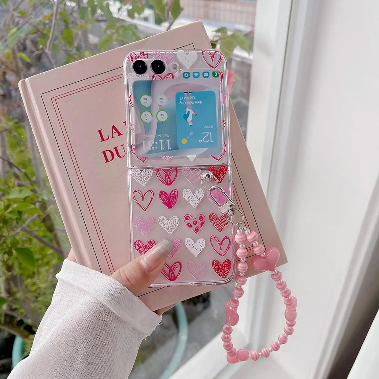 Clear Case for Galaxy Z Flip 6 5 Case with Wrist Straps Clear Flexible Cute Cartoon Love Heart Printing Design Cover for Girls