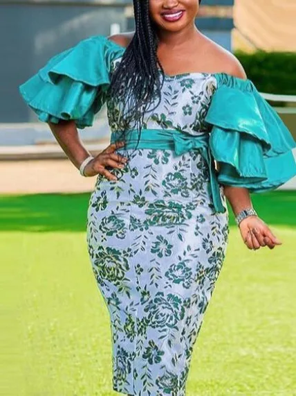 Green Ruffle Printed Patchwork Plus Size African Evening Lady Dresses ...