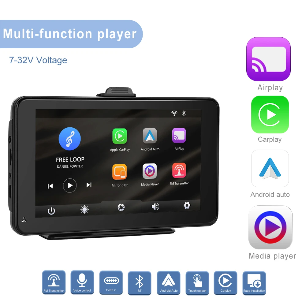 Podofo 7'' Portable Car Radio Stereo Autoradio Wireless Carplay Android Auto Wifi BT Touch Screen Smart Monitor Tablet TV