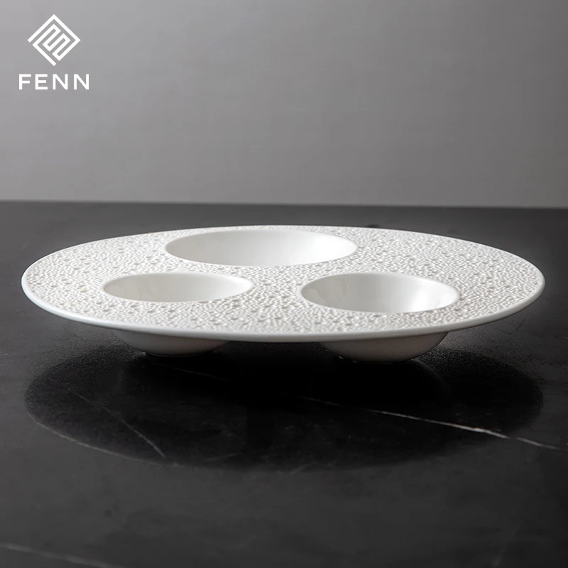 Unique Shape Nordic White Porcelain Egg Shape Lunar Surface Soup Platter Hotel Restaurant Used Wholesa Ceramic Appetizer plate