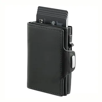 Smart Pop up Genuine Leather Wallet Aluminum Metal Zipper RFID Credit Card Holder Wallet for Men