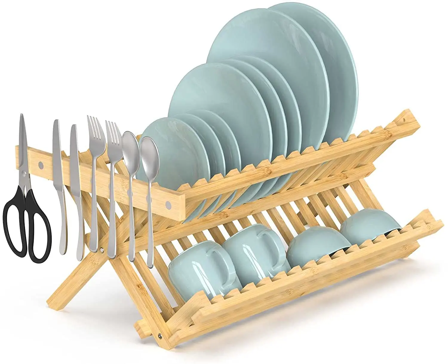 Wholesale Bamboo 2 Tier Dish Drainer Collapsible Kitchen Dish Storage Rack Dish Rack Drainer
