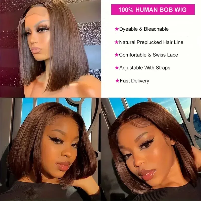 13x4 Lace Front Perücke Bob Echthaar Braun Glatt 180% Volldichte HD Lace Frontal Perücken_voghion.com