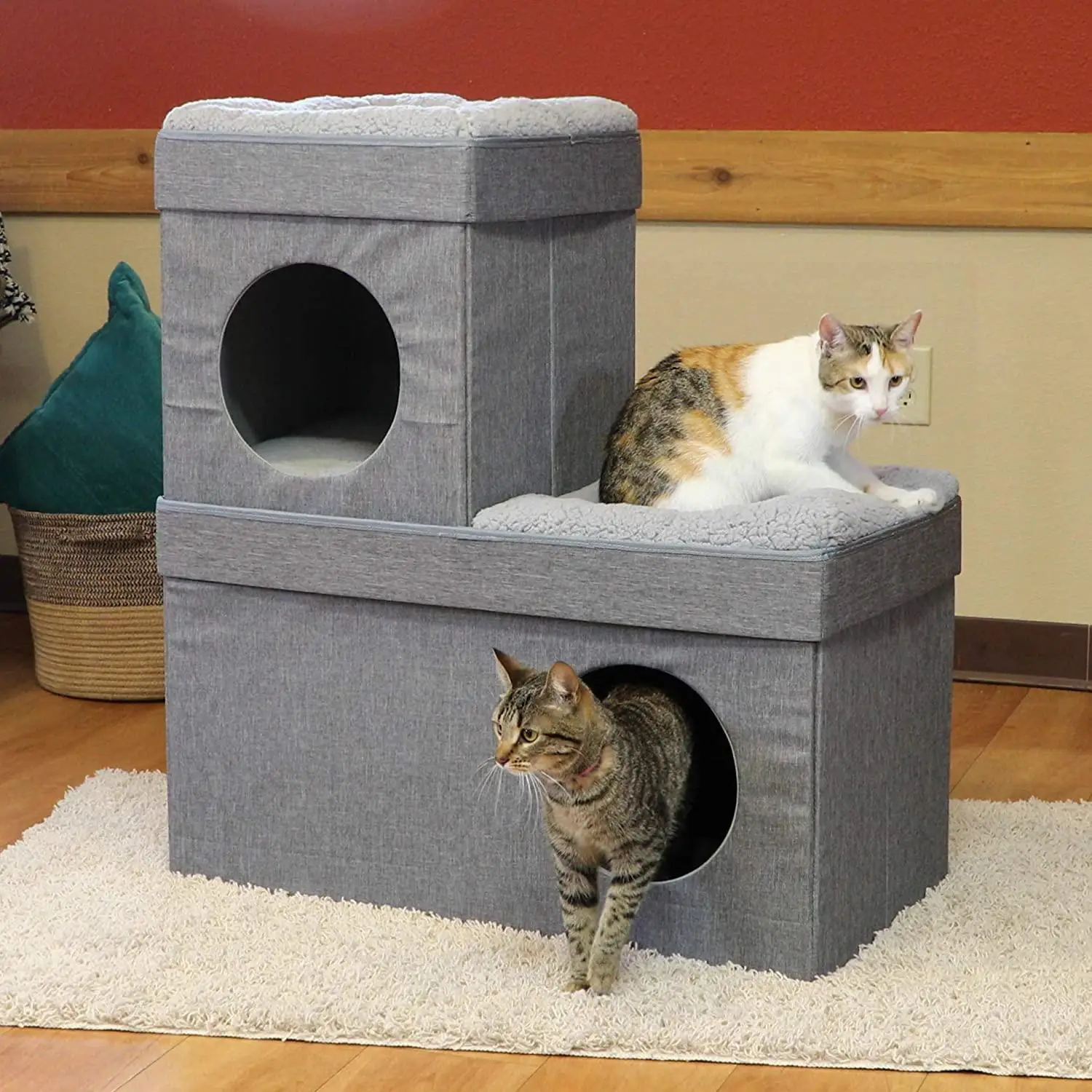 Kitty Large Stackable Grey Cat Cube, Cat House, Pop up Bed Ottoman, Mansion