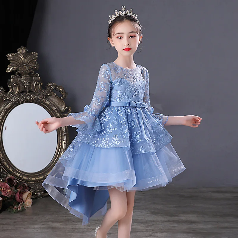 Latest Design Low Cut Handmade Short Front Long Back Flower Baby Girl Party Wedding Dress for 8 Years Old