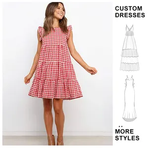 Custom OEM Women 2025 Summer Sleeveless O-Neck A-Line Casual Dress Short Vintage Loose Midi Party Grid Dresses