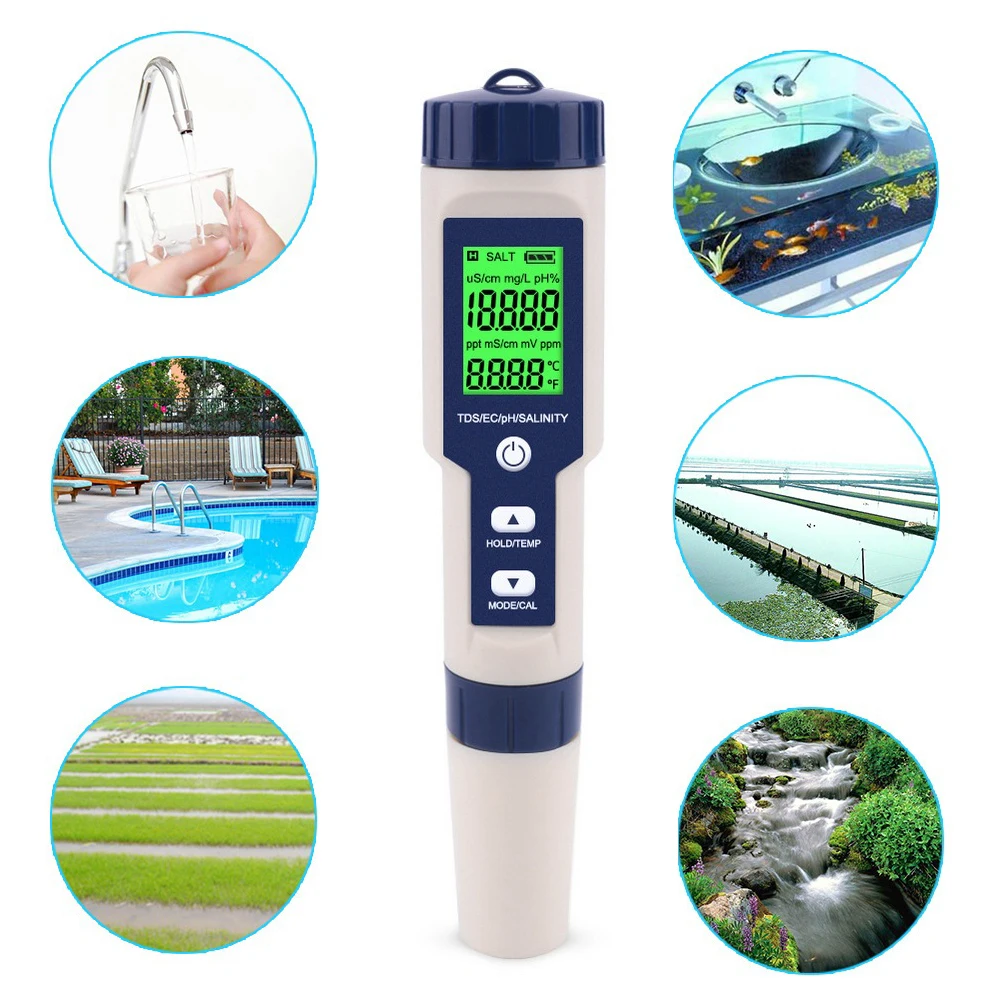 acuarios Probador de Calidad del Agua Medida de Temperatura EC para Agua Potable Piscinas Ph TDS Meter Hidroponía 