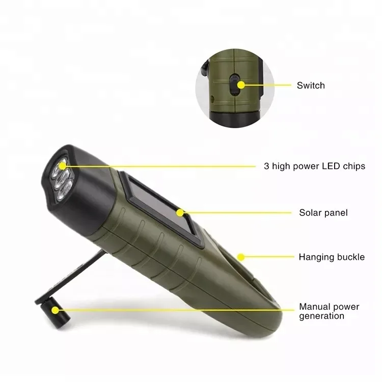 Emergency Hand Crank Dynamo Solar Flashlight Rechargeable LED Lamp for Outdoor Camping Hand Cranking Solar Powered Flashlight