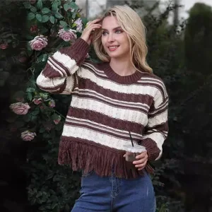Women's Brown Striped Long Sleeve Knitted Pullover Top with Front and Back Logo Casual Winter Sweater with Tassel Decoration