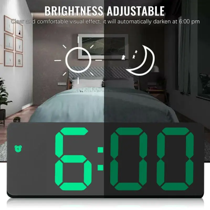 Digital Mirror LED Screen Alarm Clock with Dual USB Charging Port Brightness Sensor for Bedroom Kitchen Hotel Table Desk