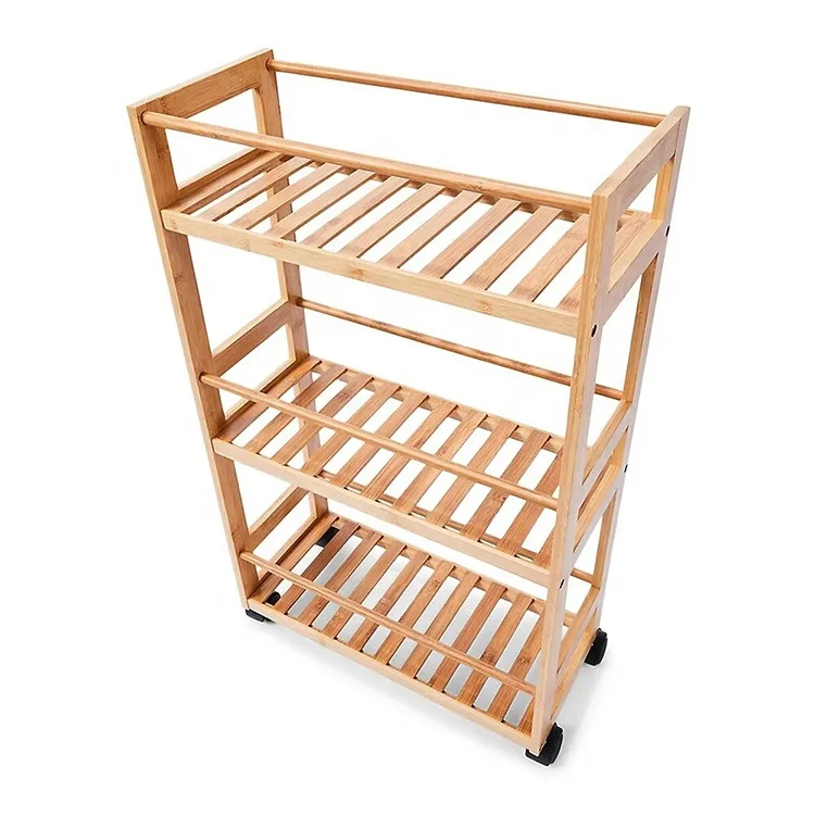 3 Layer Movable Corner Bamboo Bathroom Kitchen Storage Shelf Rack with Wheel