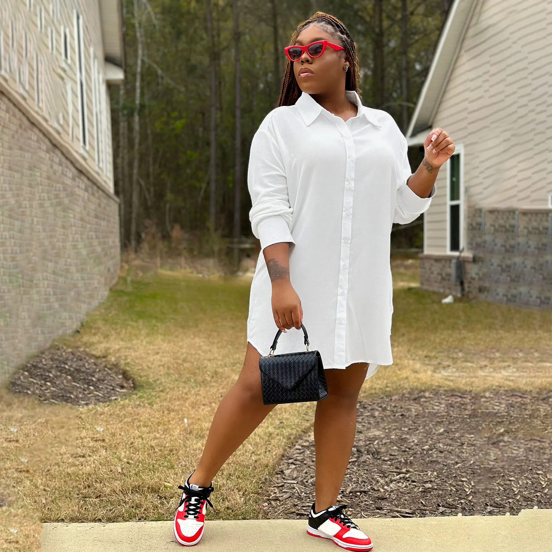 Vestido camisero liso de talla grande para mujer, vestido blanco