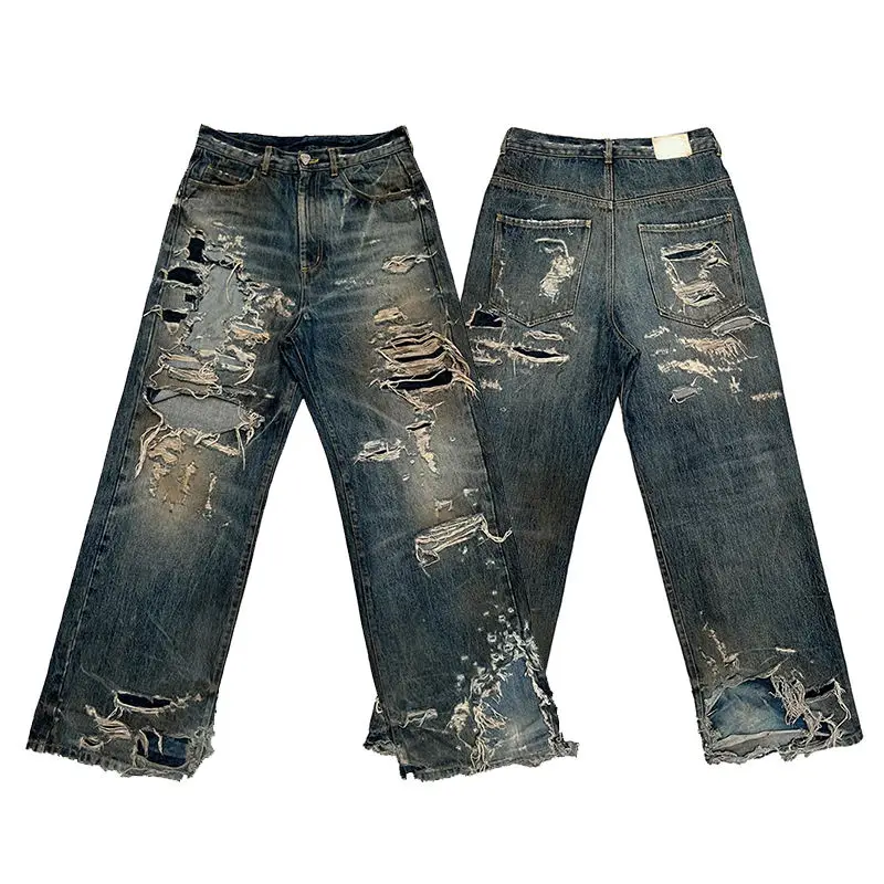 For Jeans Hip Hop 14 Oz Stonewashed Ragged Cotton Wide Leg Ripped Vintage Denim Pant Baggy Boyfriend Men's High Quick Dry