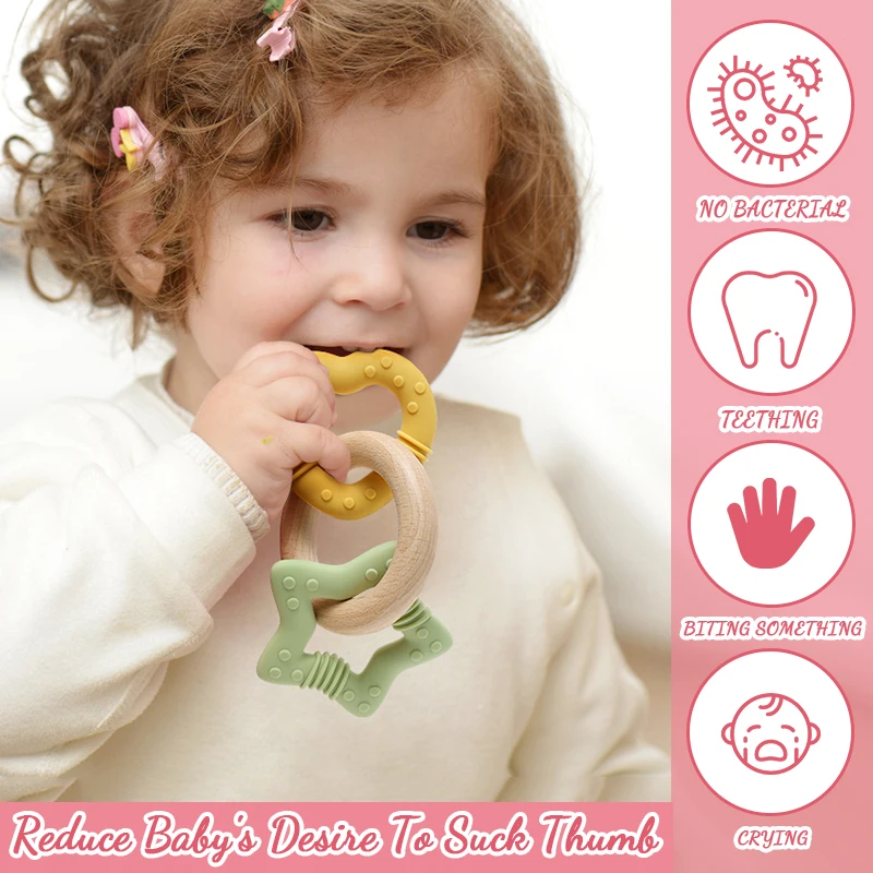 Bpa Free Baby Chewing Wooden Teething Rings Silicone Teether Toys Silicone Baby Wood Teethers