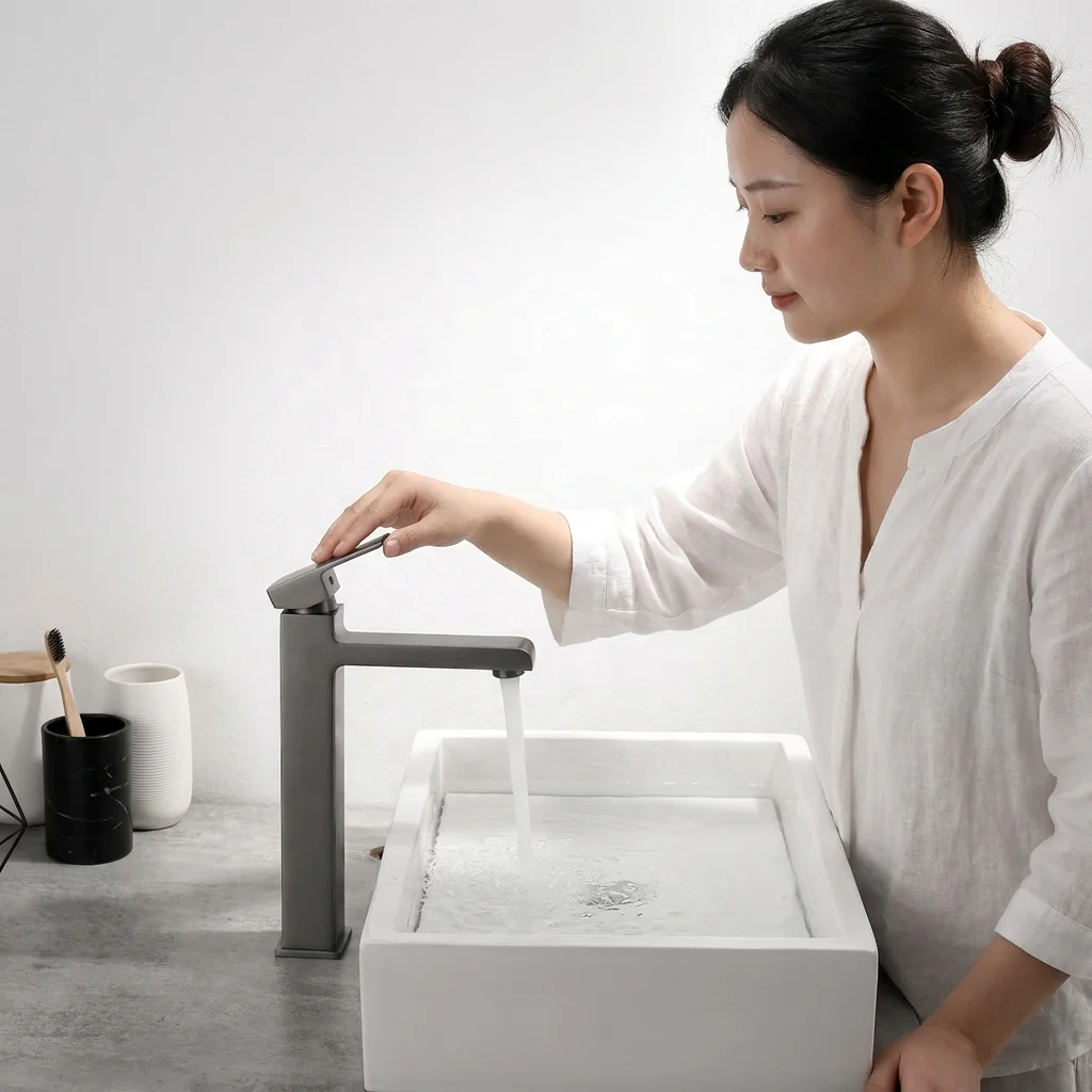 Modern Gun Grey Brass Tall Square Single Hole Deck Mounted Bathroom Sink Mixer Faucet Zinc Alloy Handle Valve Ceramic Cartridge