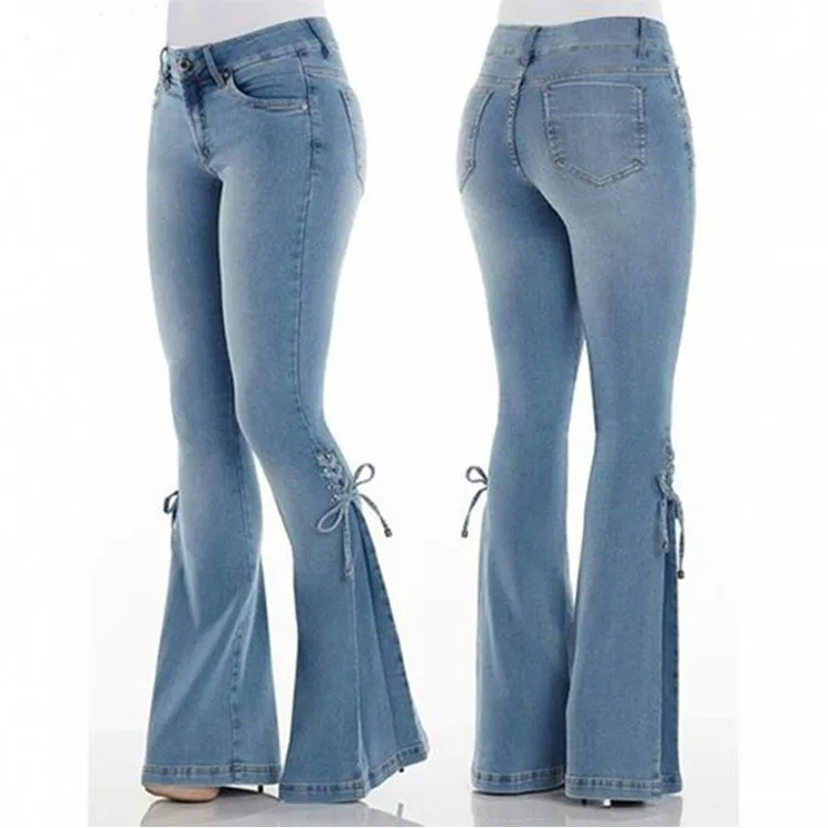Women's Fall Fashion Mid-waist Lace-up Denim Trousers Stretch Plus Size ...