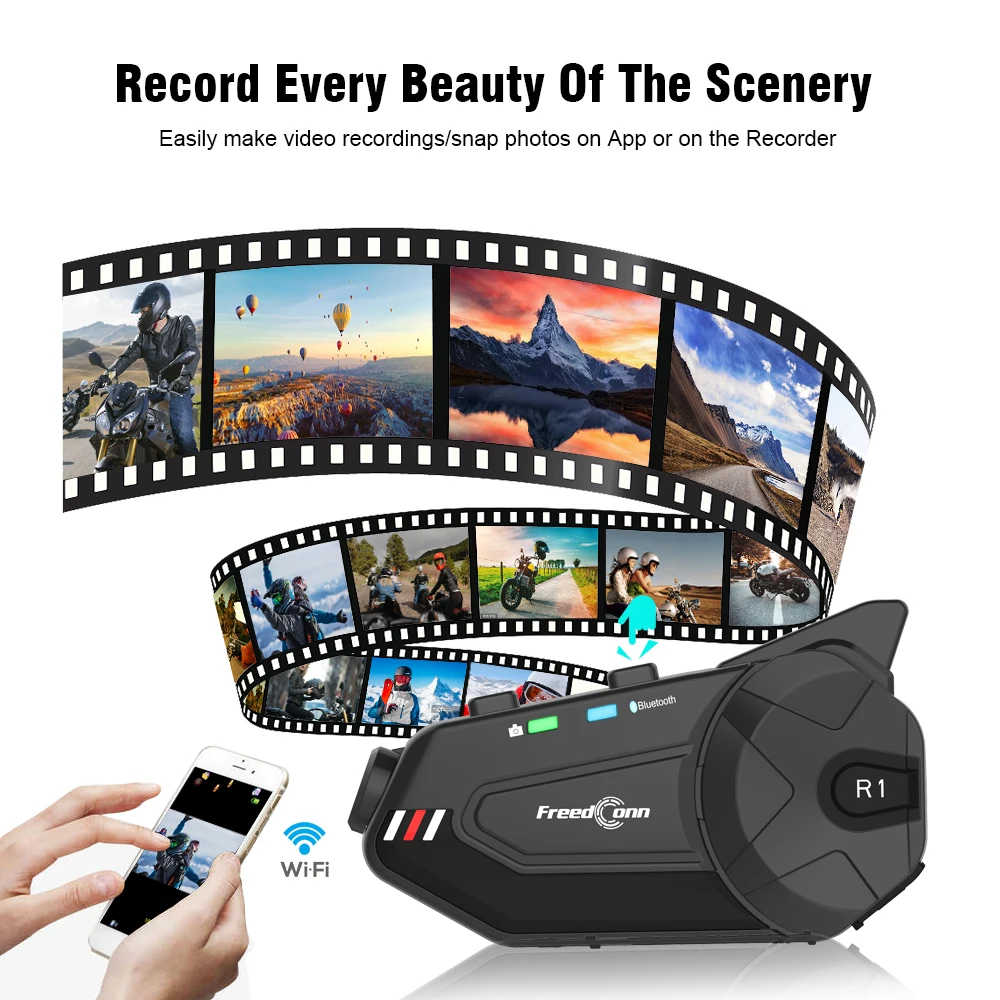 FreedConn R1 Plus Motorcycle Bluetooth Helmet Headset 1080P HD WiFi DVR Video Recorder Wireless Interphone for 6 Riders
