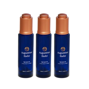 Luxurious Beautiful 1oz 30ml Lake Blue Flat Shoulder Custom Bronze Rose Gold Press Dropper Serum Glass Bottle