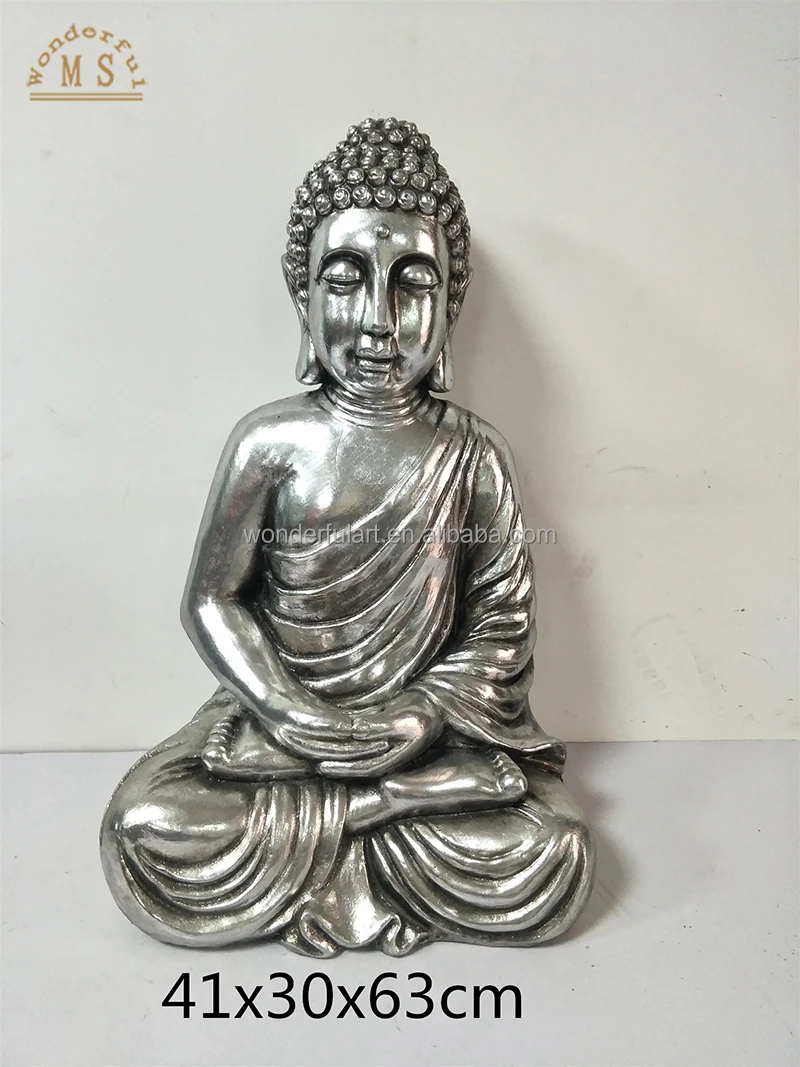 Polystone sitting buddha figurine silver ceramic color religious sculpture life size garden decoration outdoor
