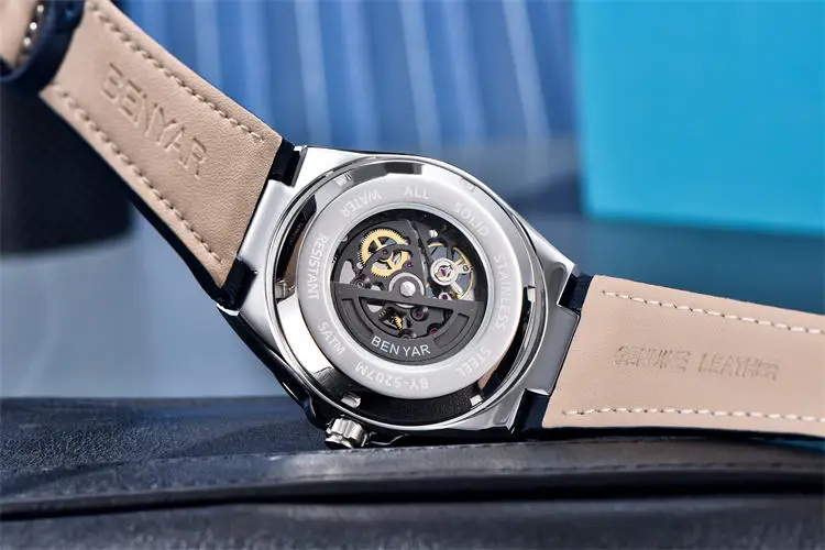 Часы Benyar 5207M, роскошные мужские часы с механизмом, горячая распродажа, ремешок из натуральной кожи, водонепроницаемые, автоматические, полые, деловые часы