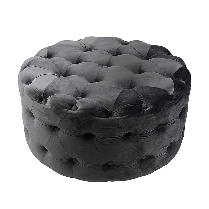 Custom Wholesale Grey Velvet Pouffe Stool Indoor Morocco Round Ottoman Footstoool Poufs With Button