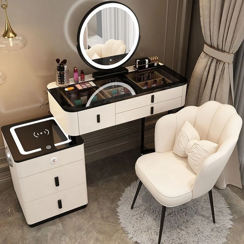 Modern Bedroom Wood Panel Lighted Mirrored Makeup Vanity Dressing Table Set