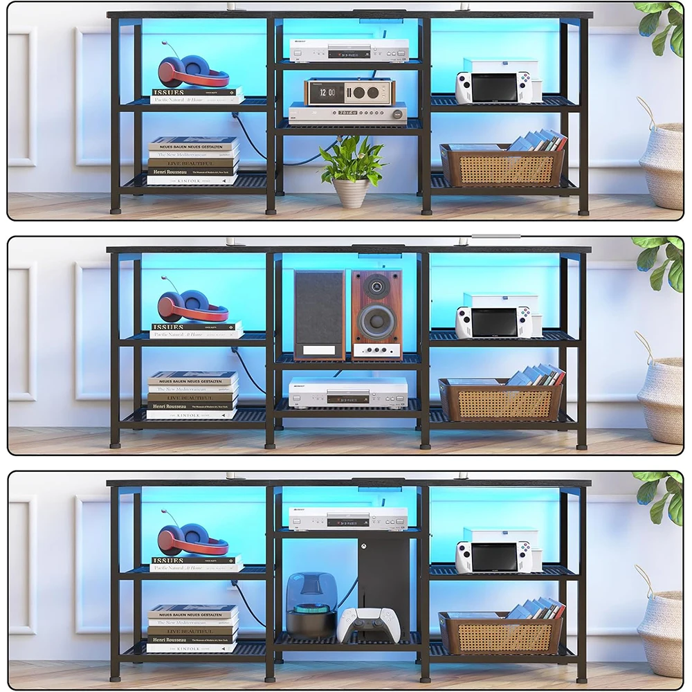 product wooden modern tv stand 55 inch tvs entertainment center movable shelf panels power outlet led lights open storage shelves media-4