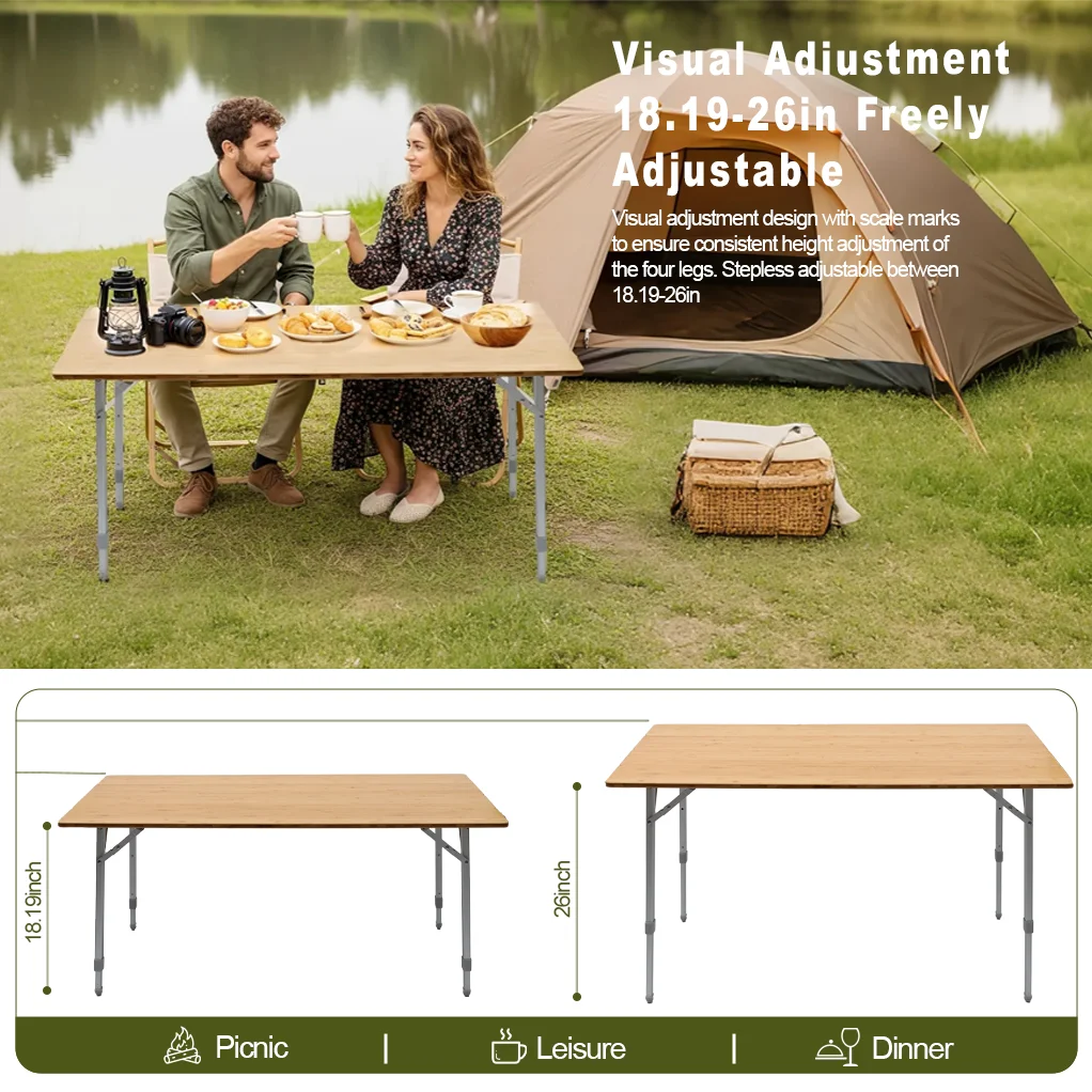 Bamboo Folding Camping Table, Portable Adjustable Height Picnic Table with 4-Fold Design for Outdoor, Beach, Garden, Travel