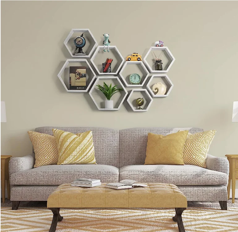 Modern Living Room Hexagon Decorative Shelf Wooden Wall Display Shelf ...