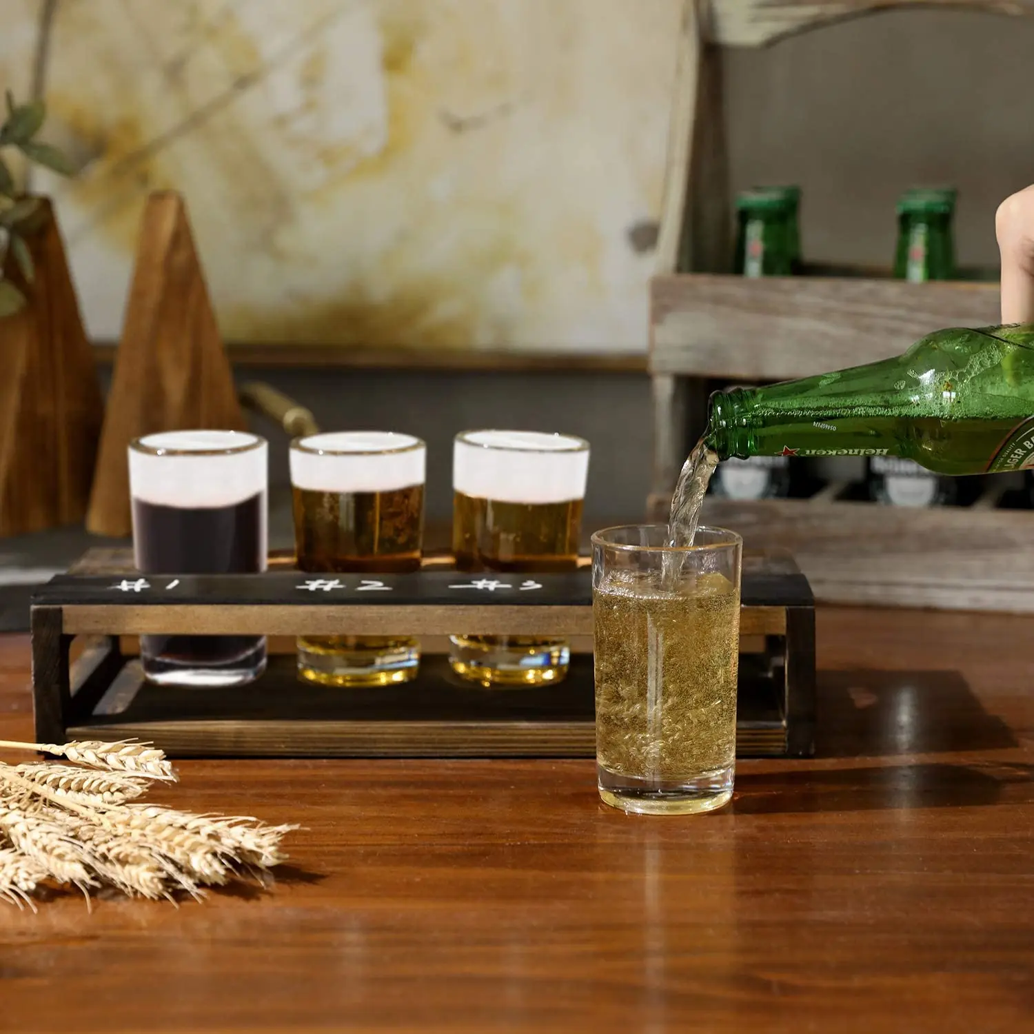 JUNJI 4 Shot Glass Server Tray Rustic Dark Brown Burnt Solid Wood Beer Flight Holder Tasting Sampler Tray Board