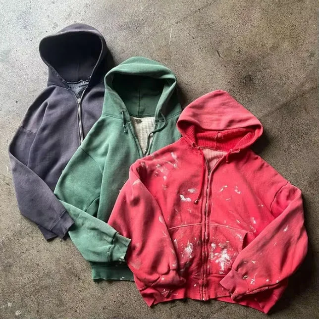 Streetwear Vintage Oversized Waffle Drop Shoulder Heavyweight 100% Cotton Men Sun Faded Distressed Acid Wash Zip up Hoodies gallery 4