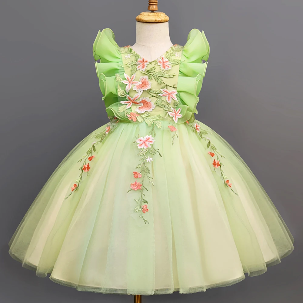 Летнее элегантное кружевное детское праздничное платье для девочки, свадебное платье с цветочной вышивкой для принцессы