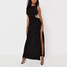 New Fashion Summer Party Black Side Hollow Out Tie Up High Split Sexy Dress For Women
