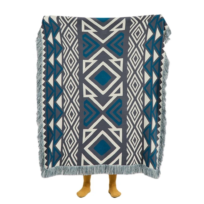 Luxury 100% cotton  Geometric Jacquard Knitted Throw Blanket For Home Decoration And Travel OEKO-TEXWith Tassels  LNS