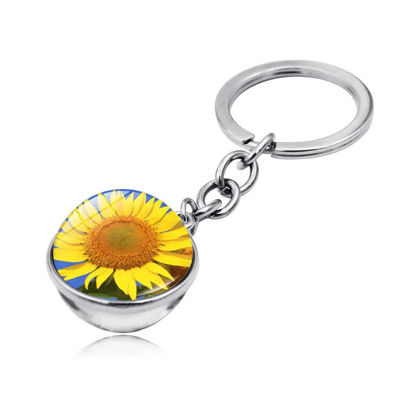 Милый модный женский брелок для ключей LWK70038, подарки, художественная картина, двухсторонний стеклянный шар, Подсолнух, брелок, аксессуары