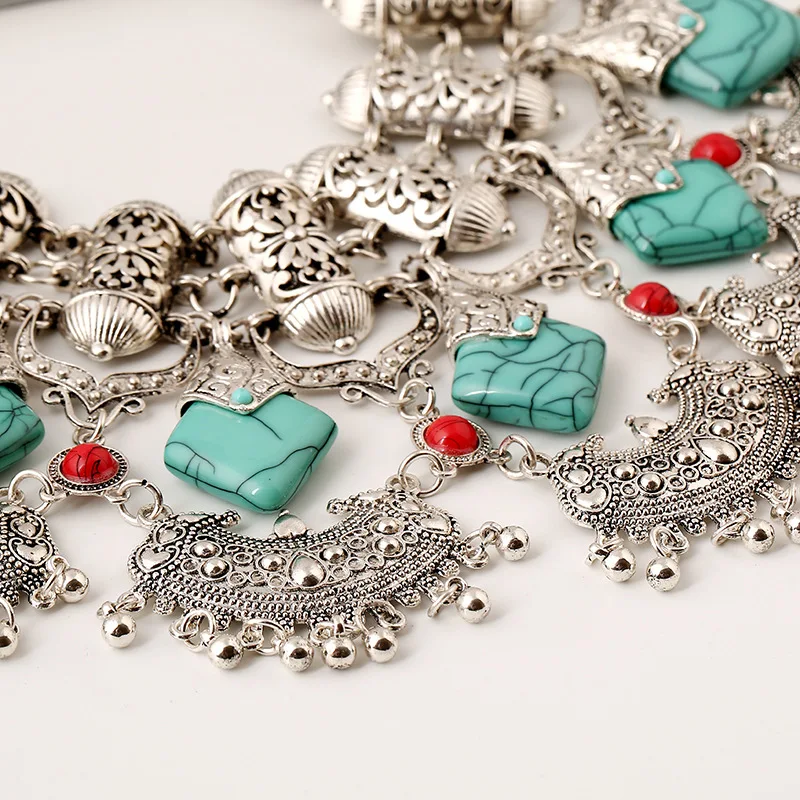 Yiwu Factory Bulk Buy From China Woman Antique Silver Plated Exaggerated Boho Style Kallaite Tassel Choker Necklace