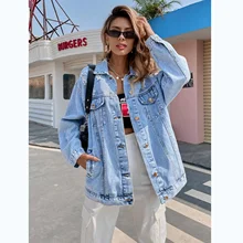 Customized Jean Ladies Coats Ripped Flap Pocket Denim Women Jacket  Long Sleeve Denim Top Women