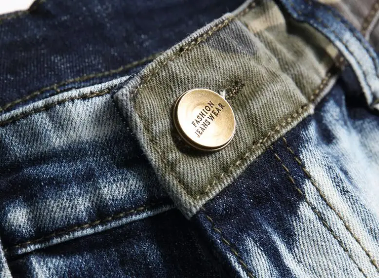 Wholesale slim fit elastic camouflage patchwork denim pant men's fashion trend small leg jeans