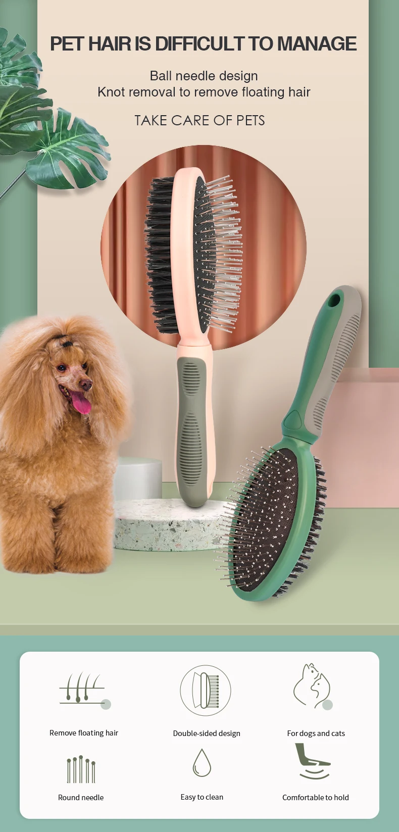 Factory Wholesale Custom Logo Double Sided Plastic Cat Massage Hair Brush Dog Pet Pin Grooming Brush