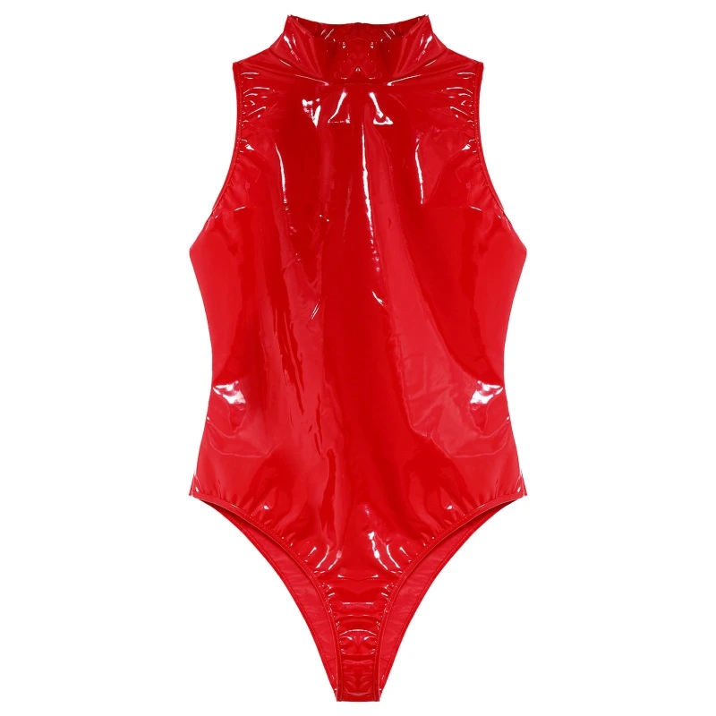 Women Sleeveless Faux Leather Shiny Onepiece Highcut Tight Bodysuit