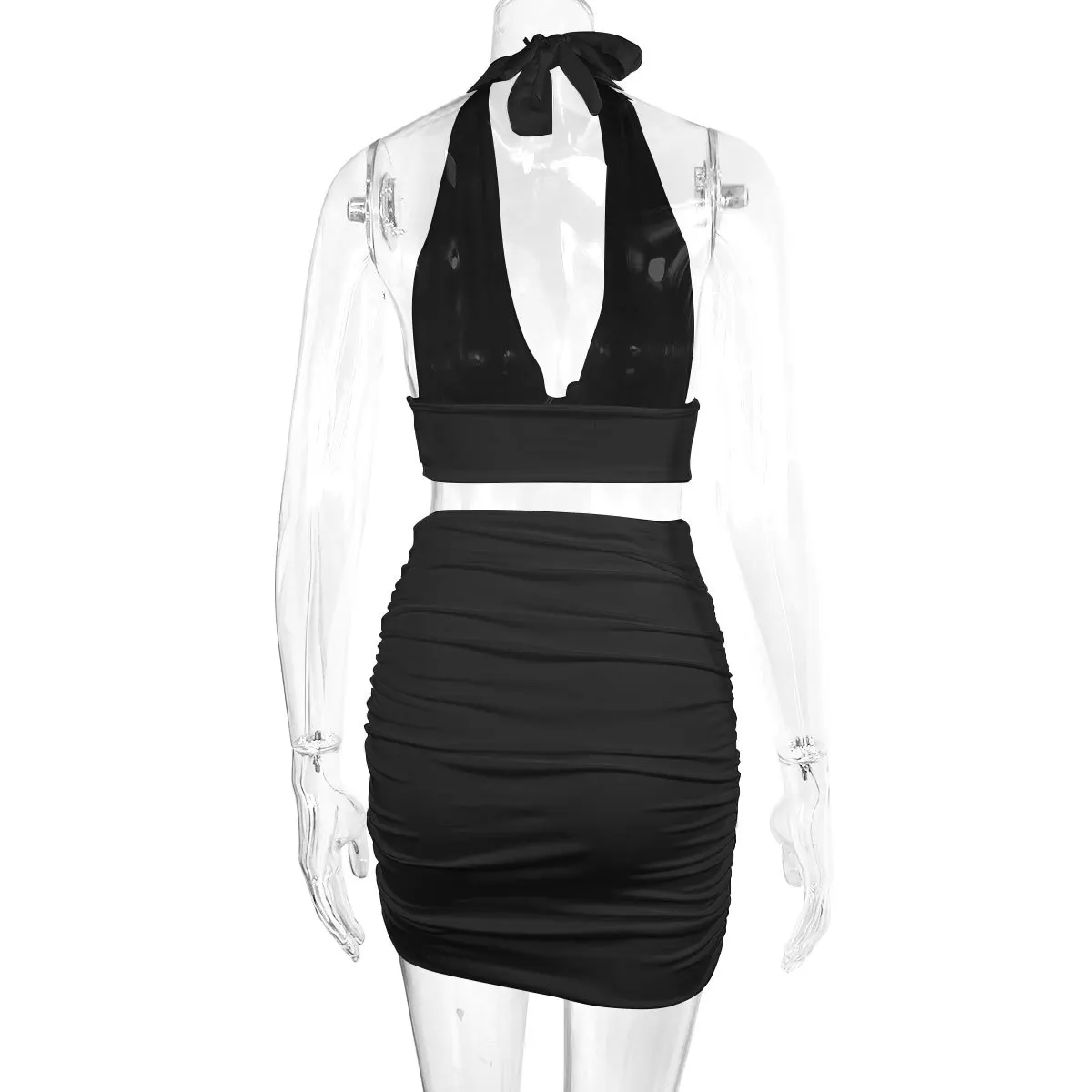 Hot Sale V Neck Backless Women Two Piece Mini Ruched Sexy Wrap Party Club Halter Dresses ...
