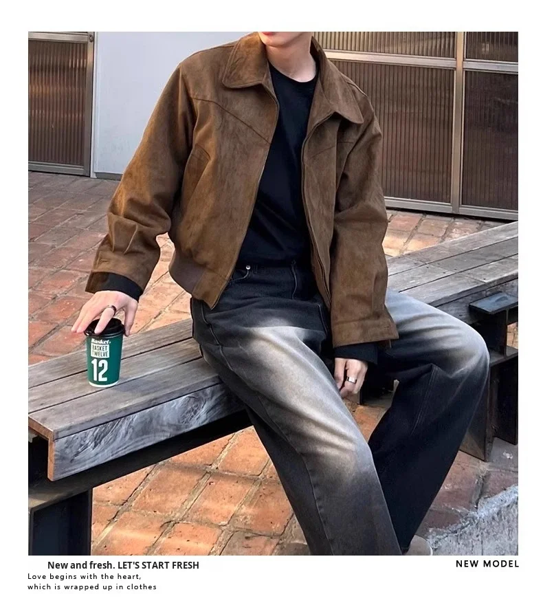 Melard Outfit American Retro Brown Jacket Men Spring Autumn Vintage Short Streetwear Bomber Jacket details