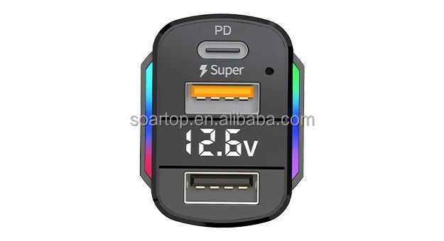 3 in 1 Car Charger Spring Charging Cable RGB Indicator Voltage Display with 3 USB Ports 65W Rated Power